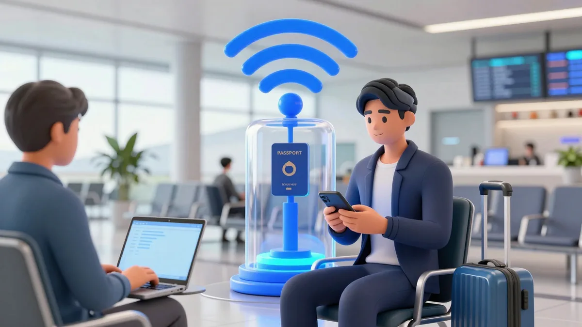 해외 공항에서 공공 와이파이와 VPN 보안 연결을 사용하는 여행자