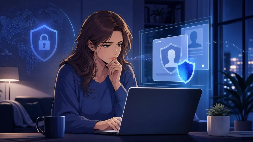 Woman reviewing age verification and VPN privacy settings