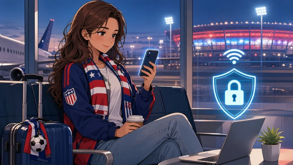 Traveler protecting tickets banking and match apps on public Wi-Fi