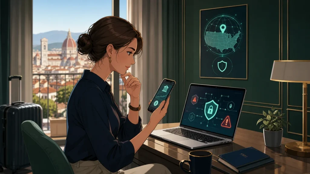 Traveler checking a banking app abroad with stable VPN settings