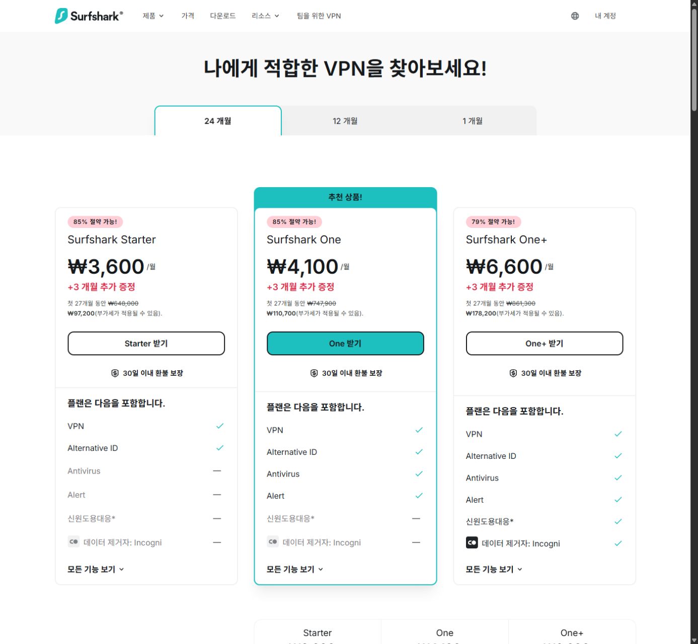 2026년 9월 12일 확인한 Surfshark 한국어 공개 가격표 화면
